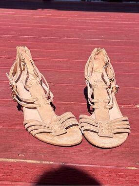 Stuart Weitzman Nude Suede Strappy Heels with Gold Buckles